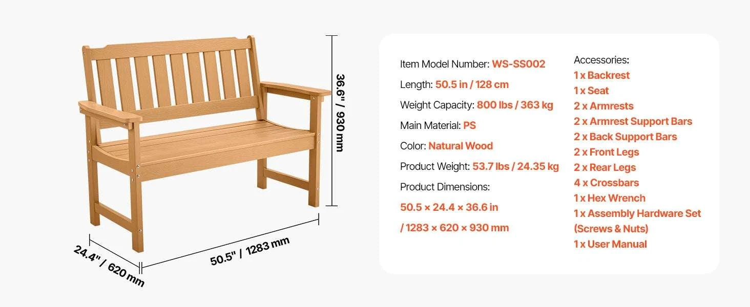 Outdoor Garden Bench with Backrest 480 lb Capacity Patio Seating-Metal C 127cm / france