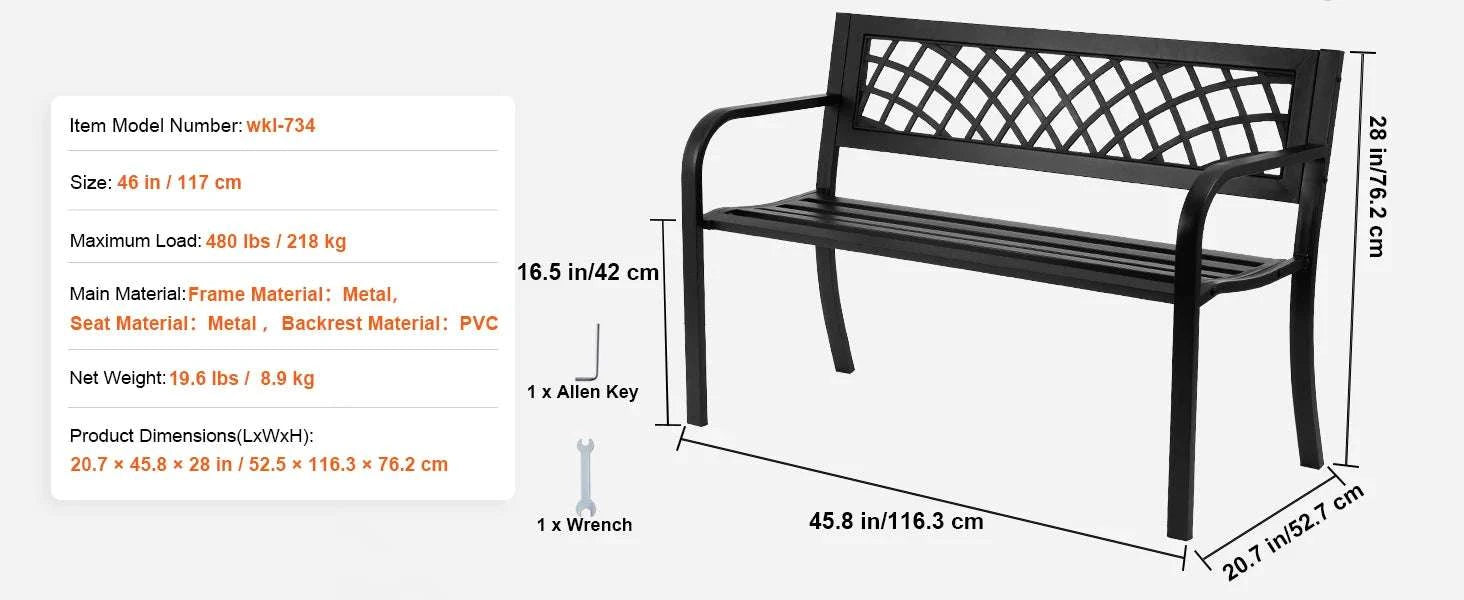 Outdoor Garden Bench with Backrest 480 lb Capacity Patio Seating-Metal C 127cm / france