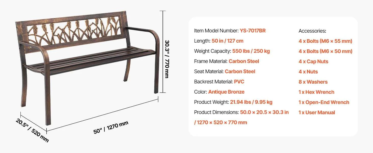 Outdoor Garden Bench with Backrest 480 lb Capacity Patio Seating-Metal C 127cm / france