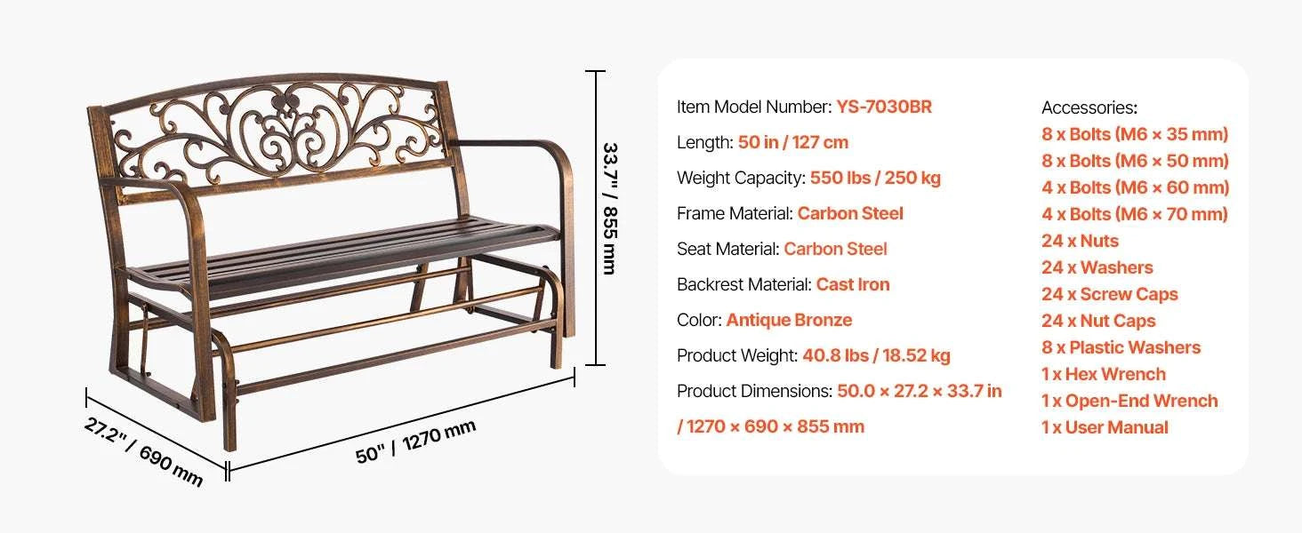Outdoor Garden Bench with Backrest 480 lb Capacity Patio Seating-Metal C 127cm / france