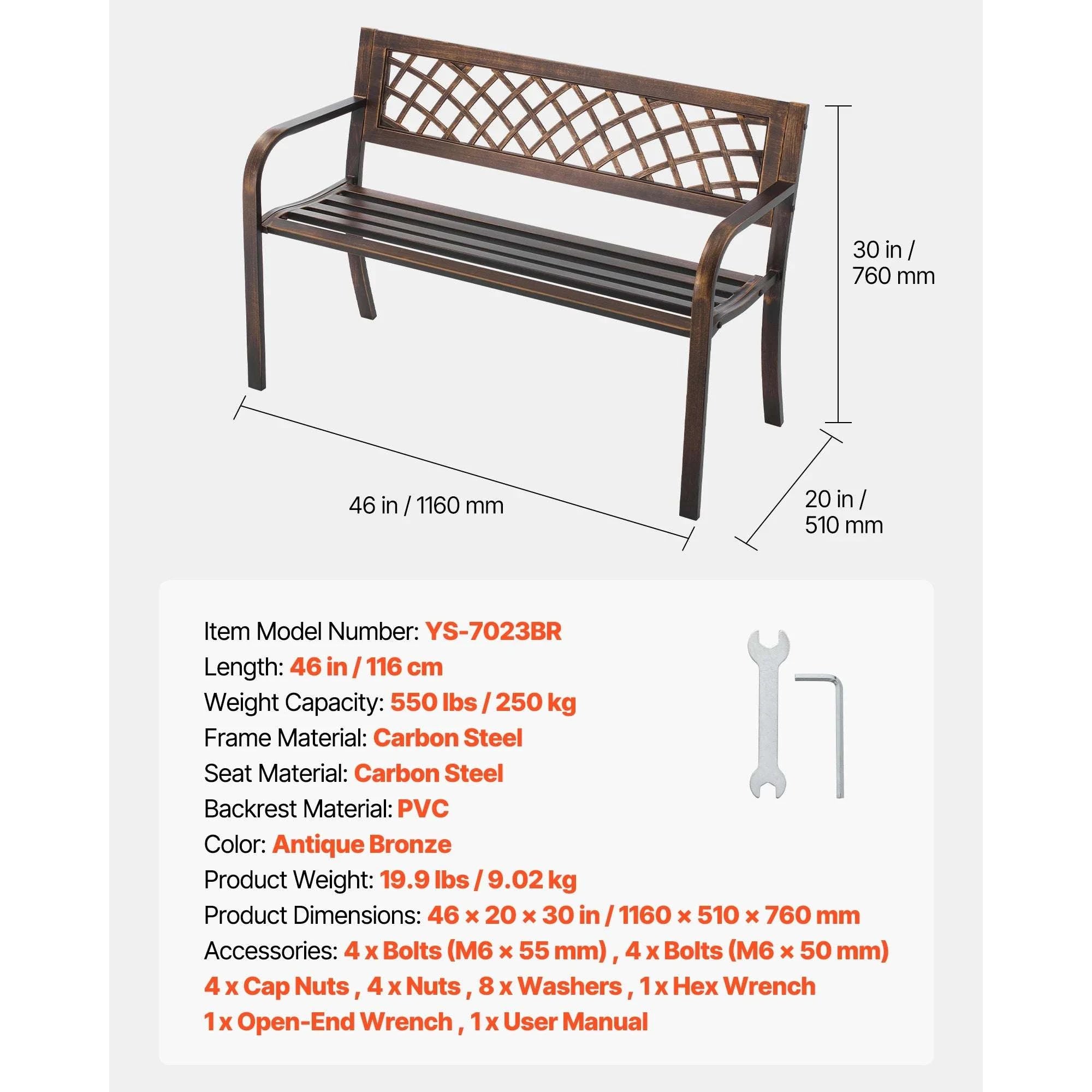Outdoor Garden Bench with Backrest 480 lb Capacity Patio Seating-Metal C 127cm / france