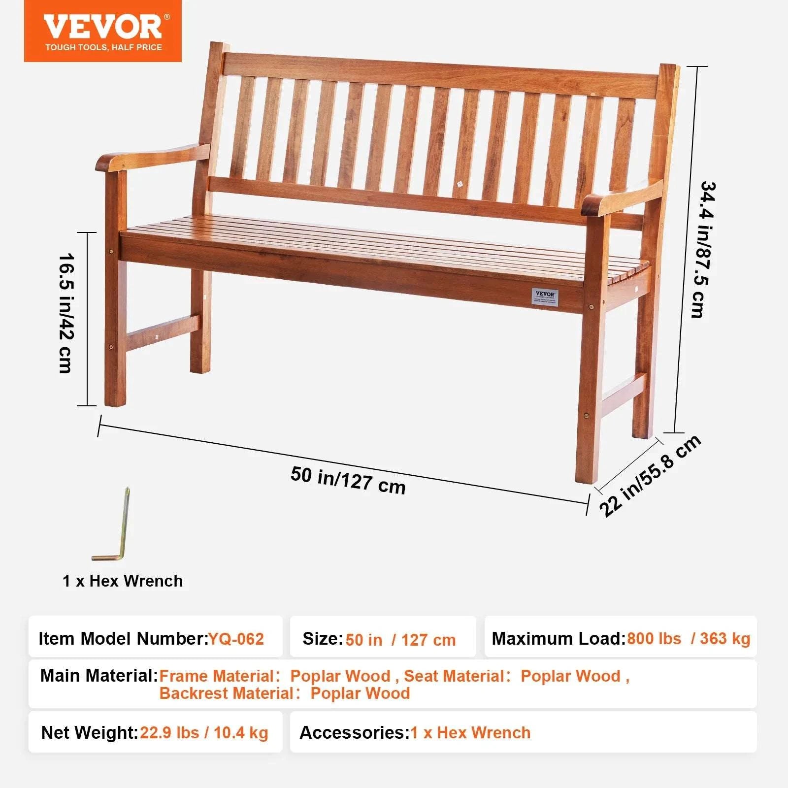 Outdoor Garden Bench with Backrest 480 lb Capacity Patio Seating-Metal C 127cm / france