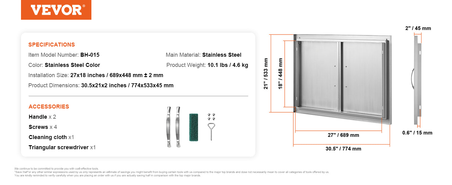 Stainless Steel BBQ Access Door Double Flush Mount Outdoor Cabinet Door