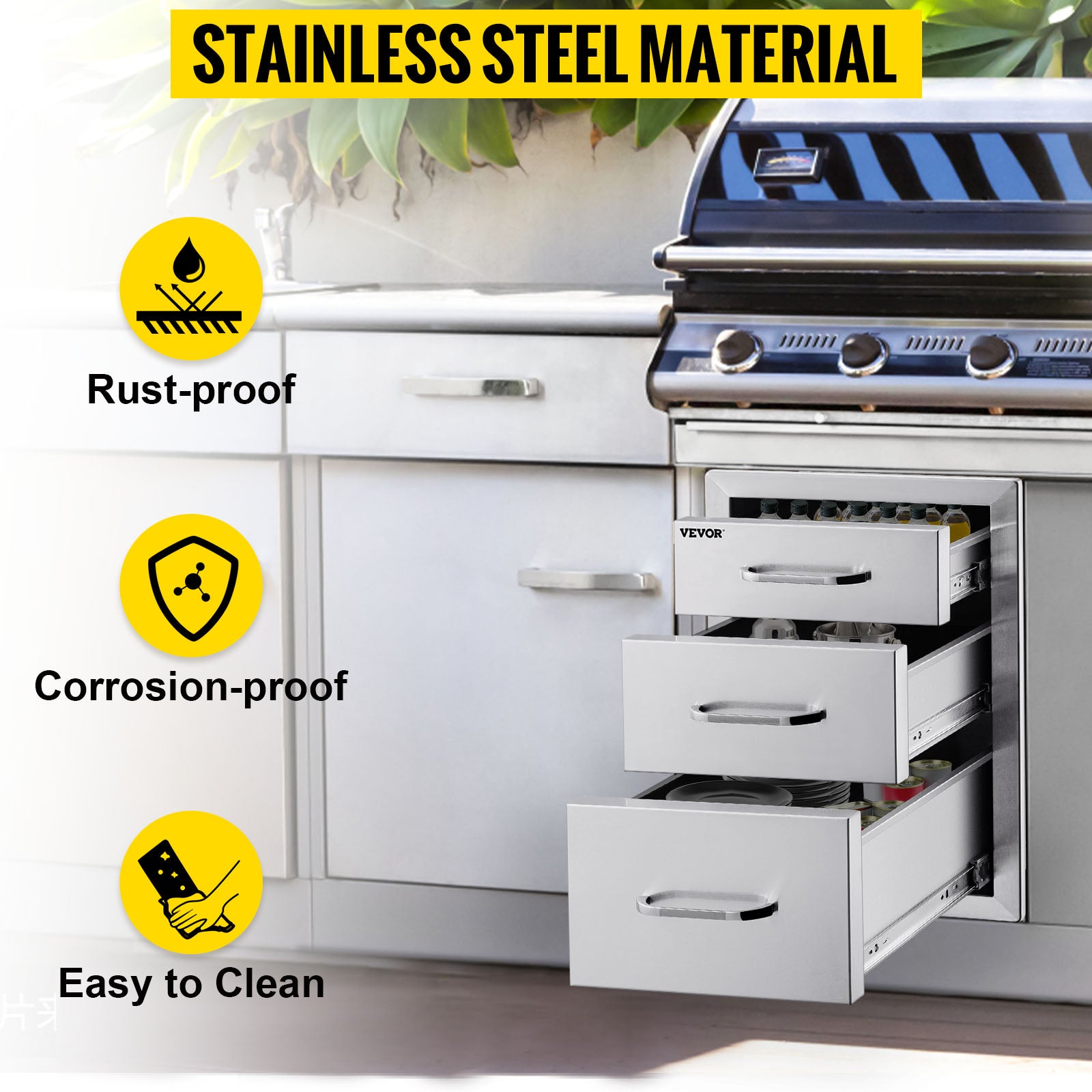 Stainless Steel Triple Drawer for Outdoor Kitchen BBQ Storage