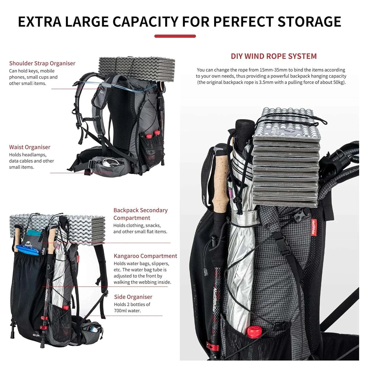 Outdoor Mountain Backpack 60+5L Waterproof with Rain Cover-60L Black / japan