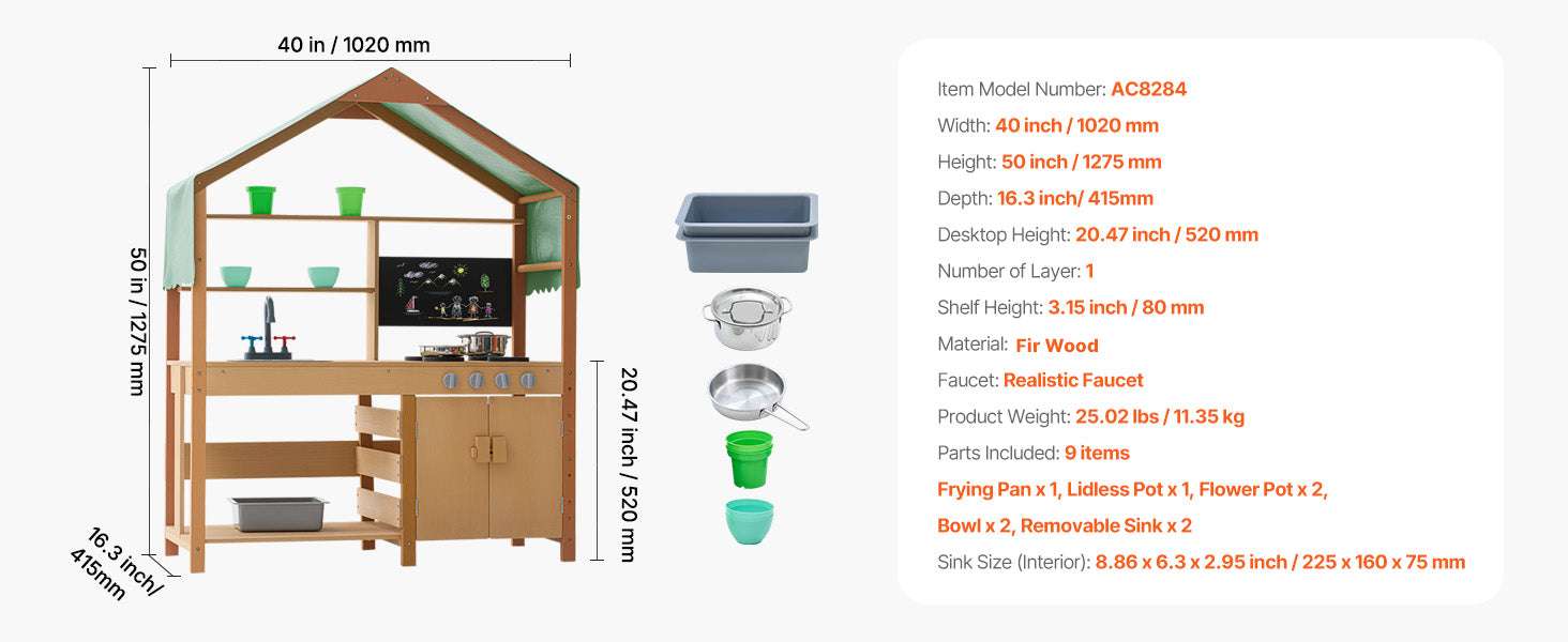 Outdoor Mud Kitchen Playset with Canopy, Faucet & Cookware Set-1Set / United States