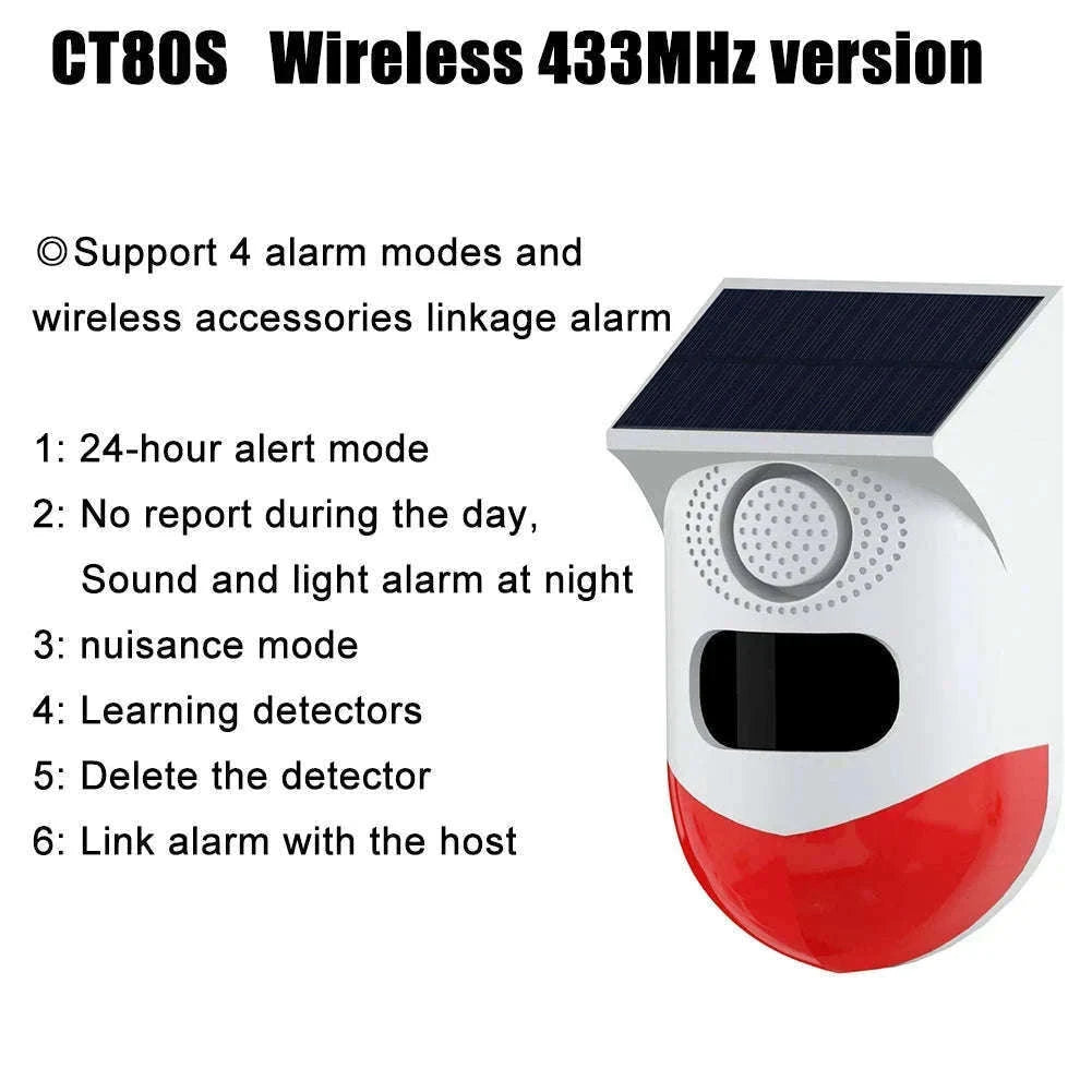 Outdoor Solar PIR Infrared Alarm with WiFi, 433MHz Options-CT80D