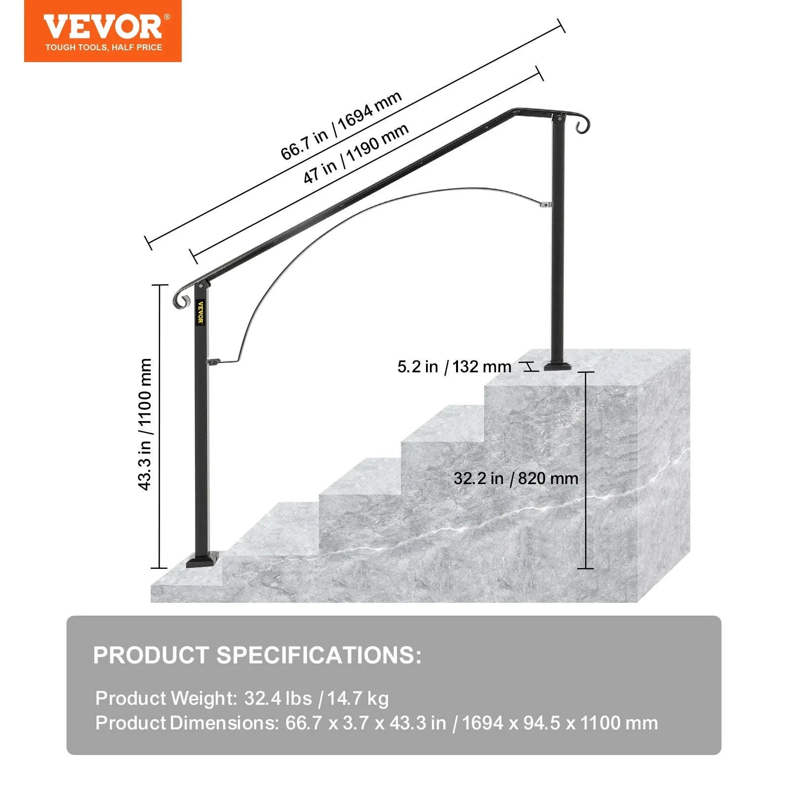 Outdoor Stair Handrail for 4 or 5 Steps, Wrought Iron, Black-4or5Steps / United States