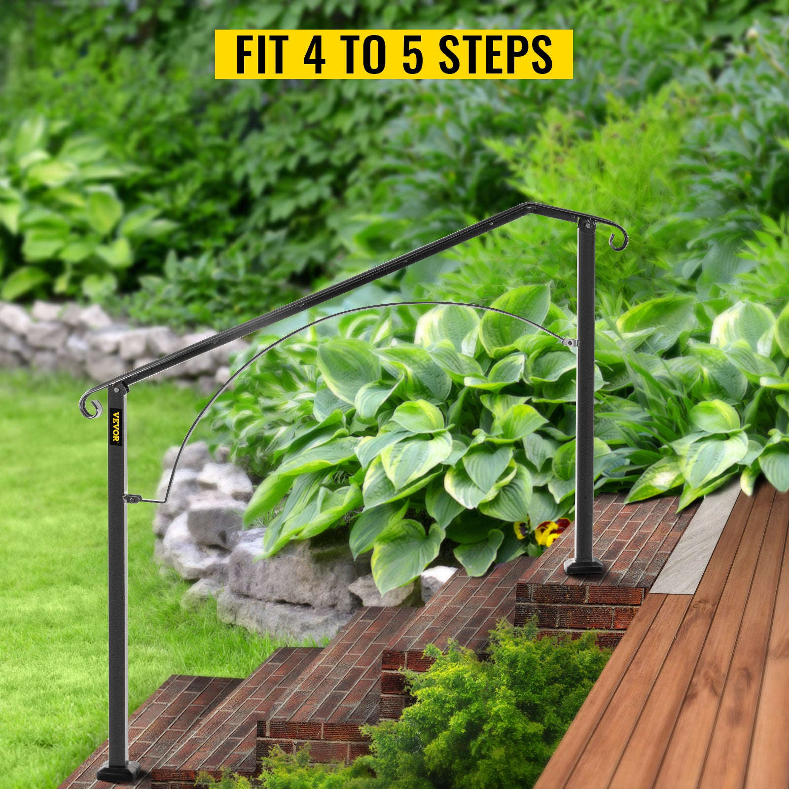 Outdoor Stair Handrail for 4 or 5 Steps, Wrought Iron, Black-4or5Steps / United States