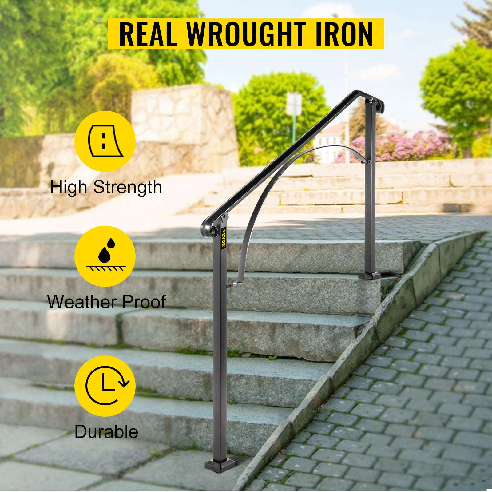 Outdoor Stair Handrail for 4 or 5 Steps, Wrought Iron, Black-4or5Steps / United States