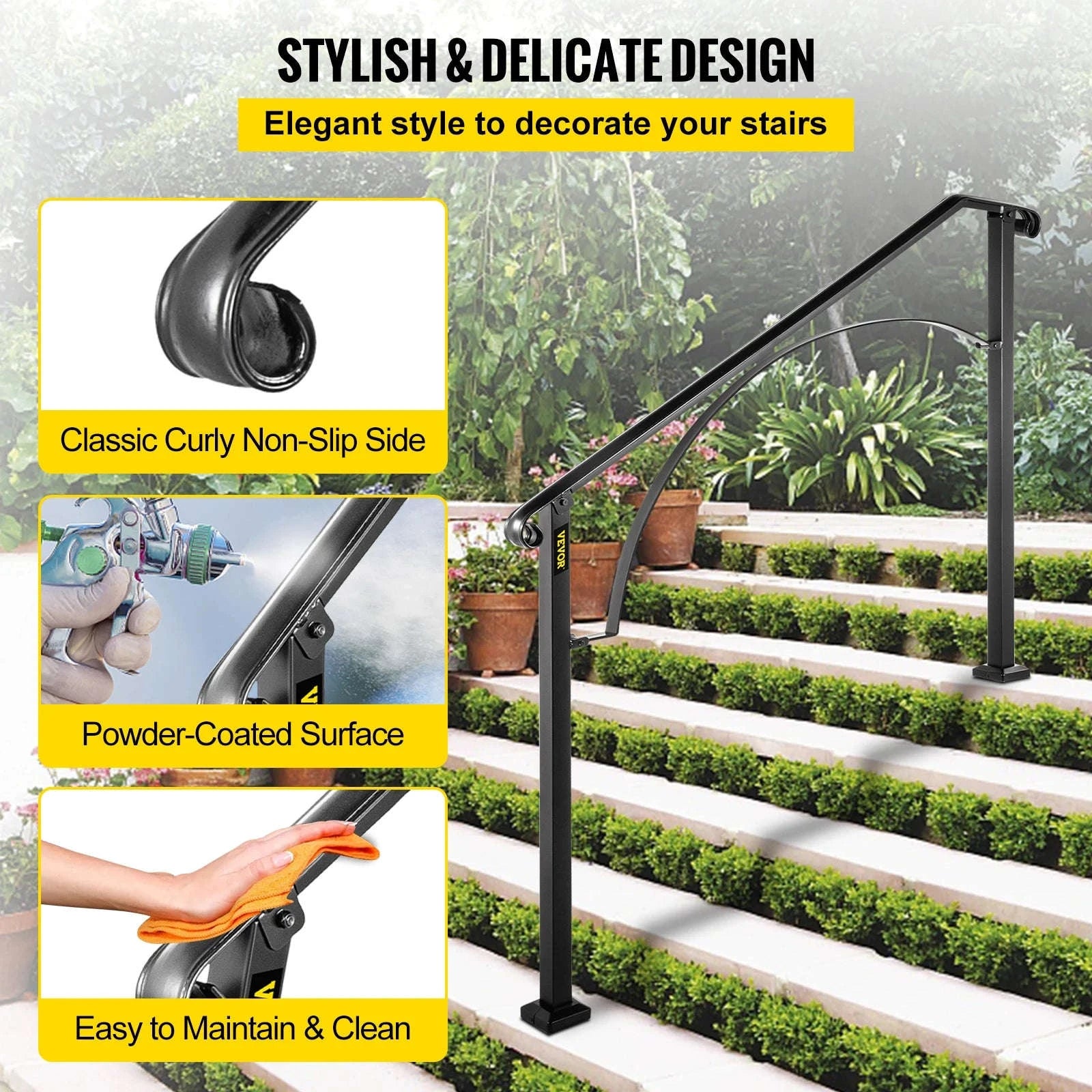 Outdoor Stair Handrail for 4 or 5 Steps, Wrought Iron, Black-4or5Steps / United States