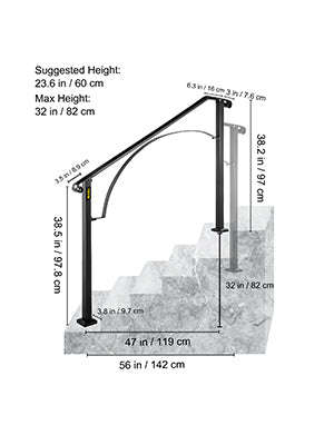 Outdoor Stair Handrail for 4 or 5 Steps, Wrought Iron, Black-4or5Steps / United States