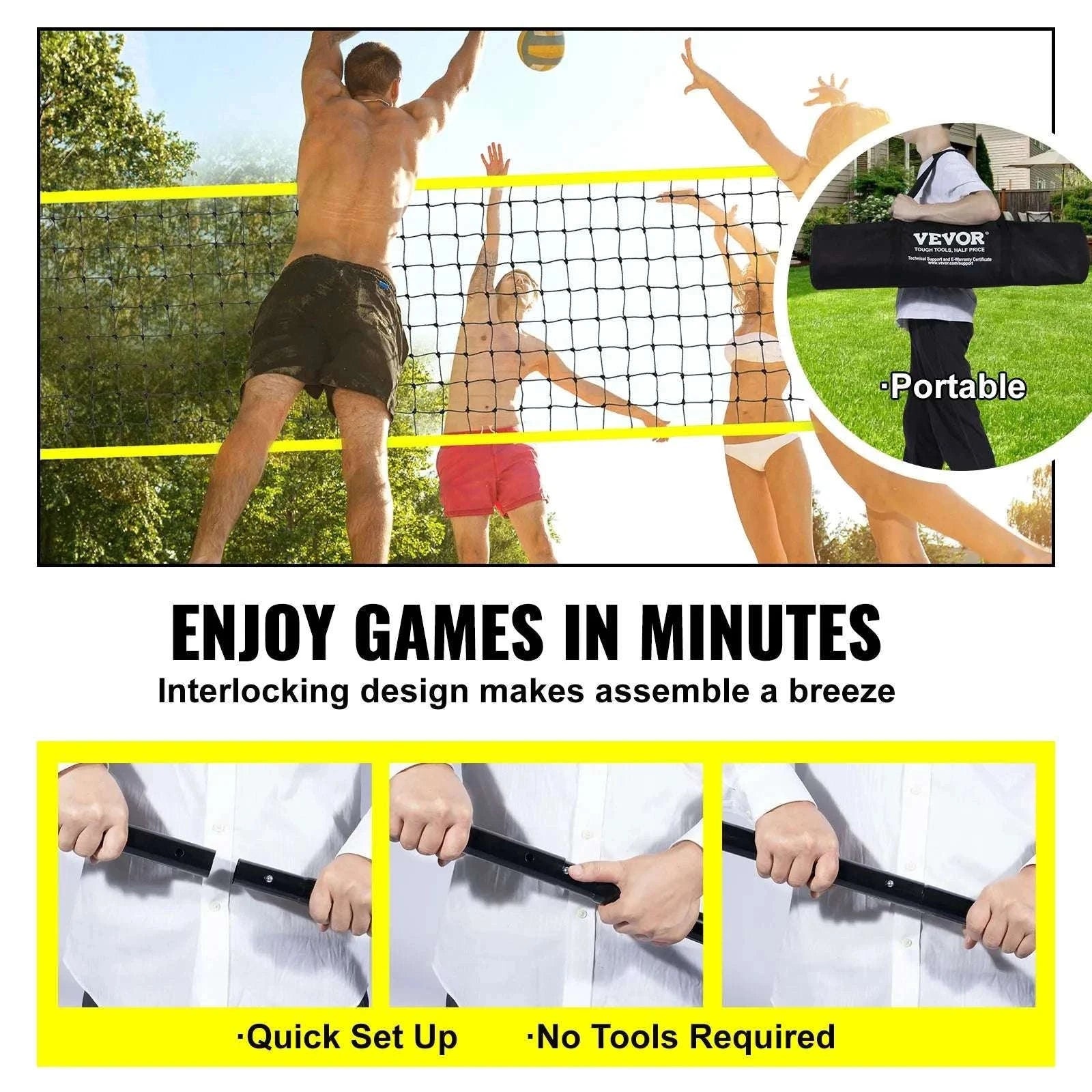 Outdoor Volleyball Net System with Adjustable Height and Steel Poles-yellow / United States