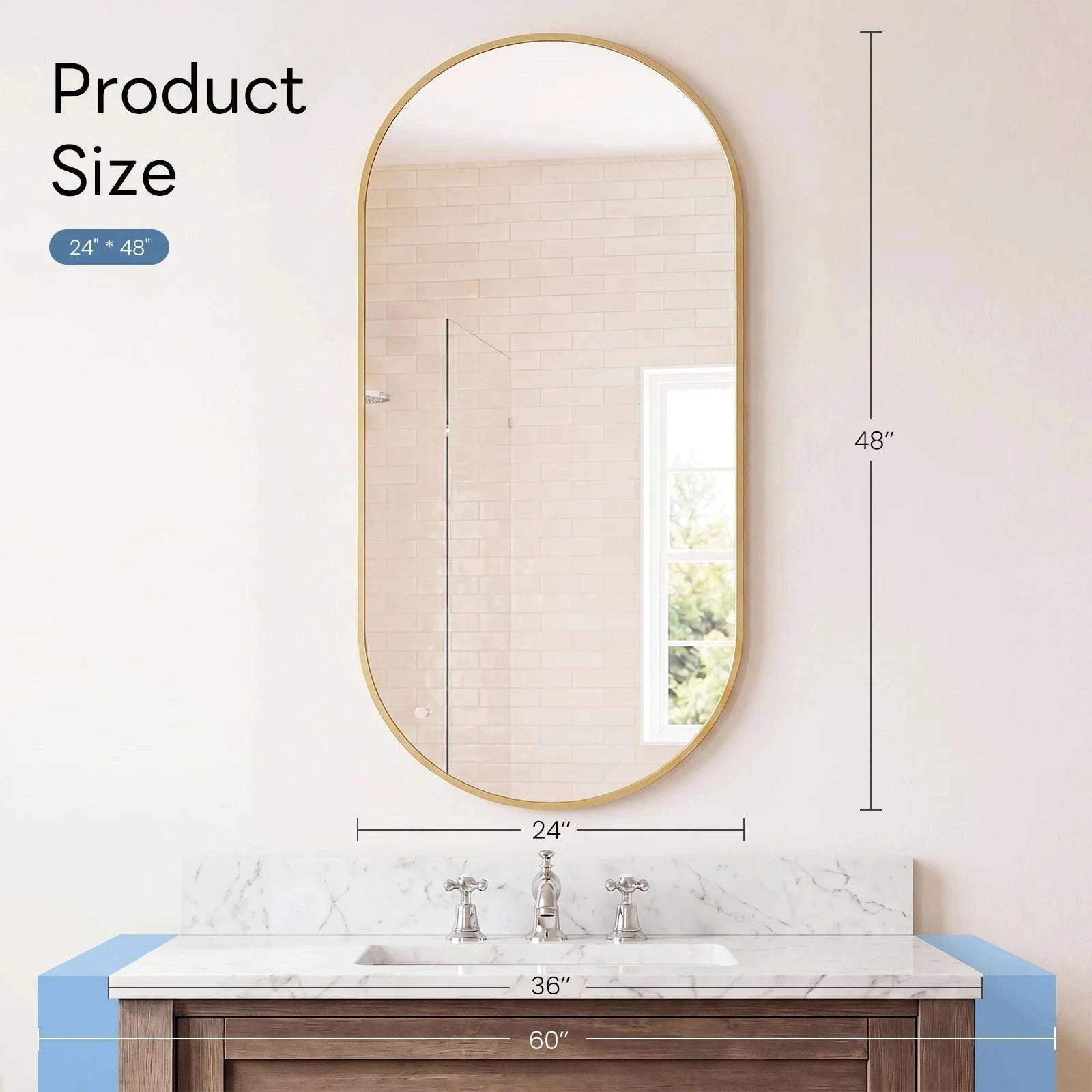 Oval Wall Mirror with Metal Frame – Modern Tempered Glass Decor-48L x 24W Gold / United States