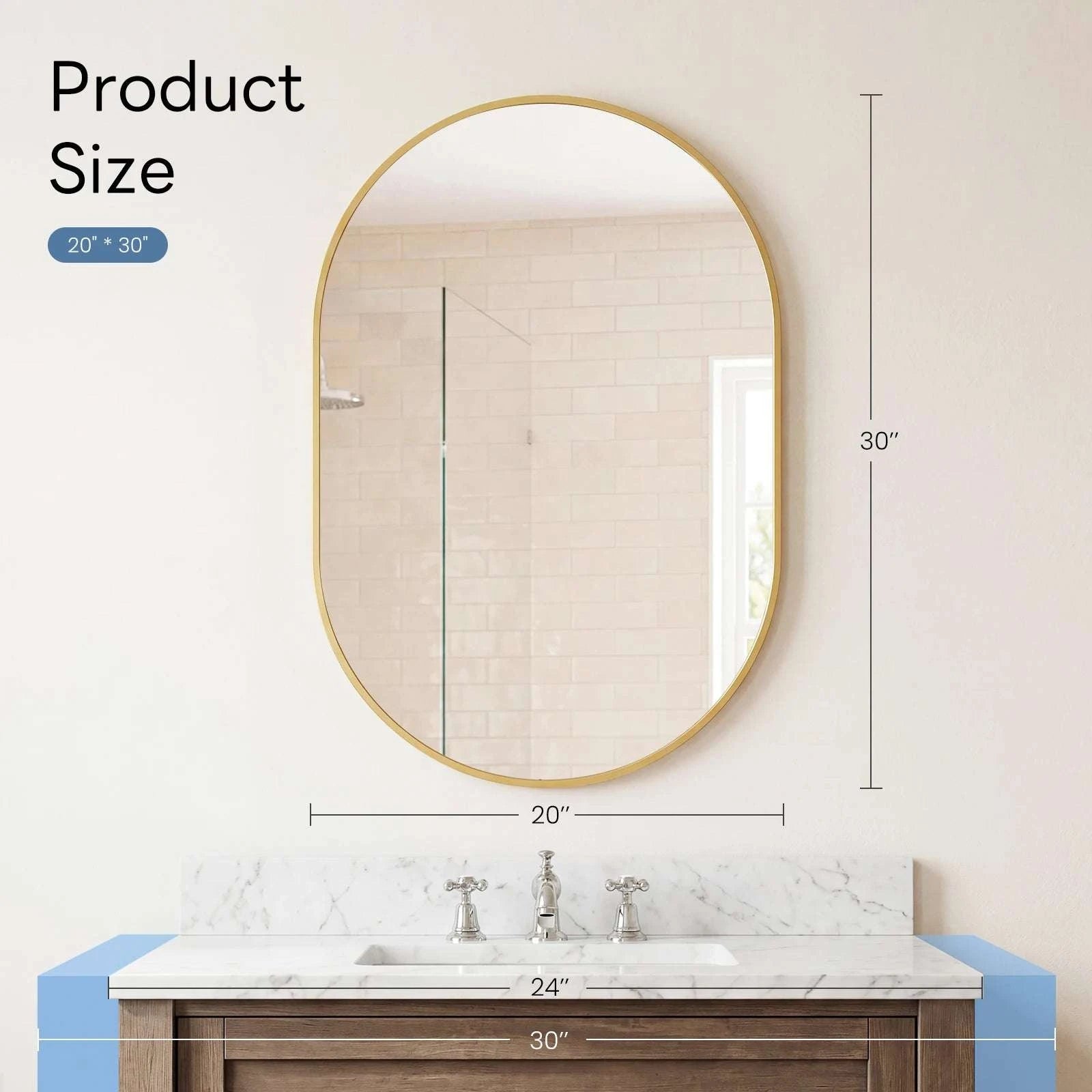 Oval Wall Mirror with Metal Frame – Modern Tempered Glass Decor-48L x 24W Gold / United States