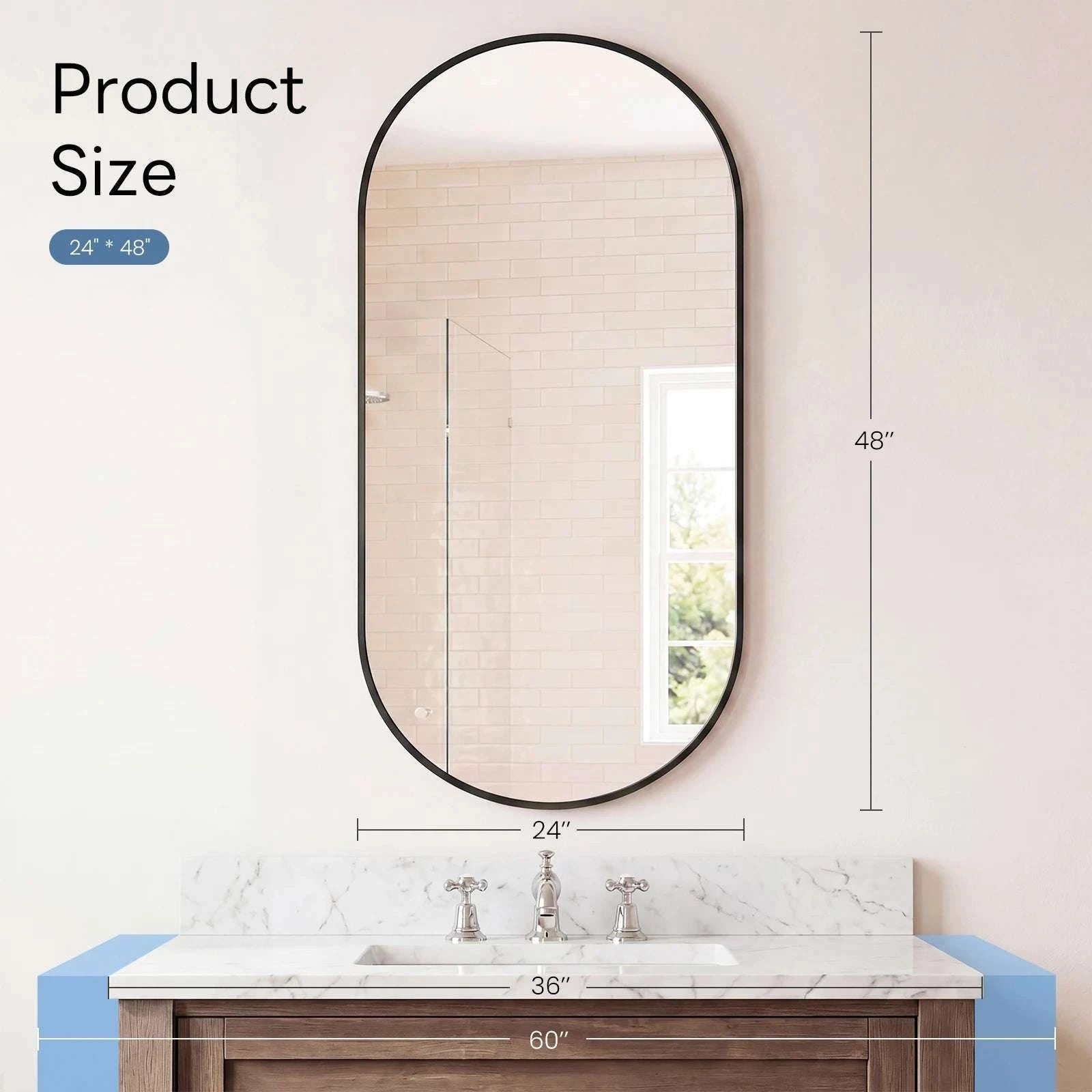Oval Wall Mirror with Metal Frame – Modern Tempered Glass Decor-48L x 24W Gold / United States