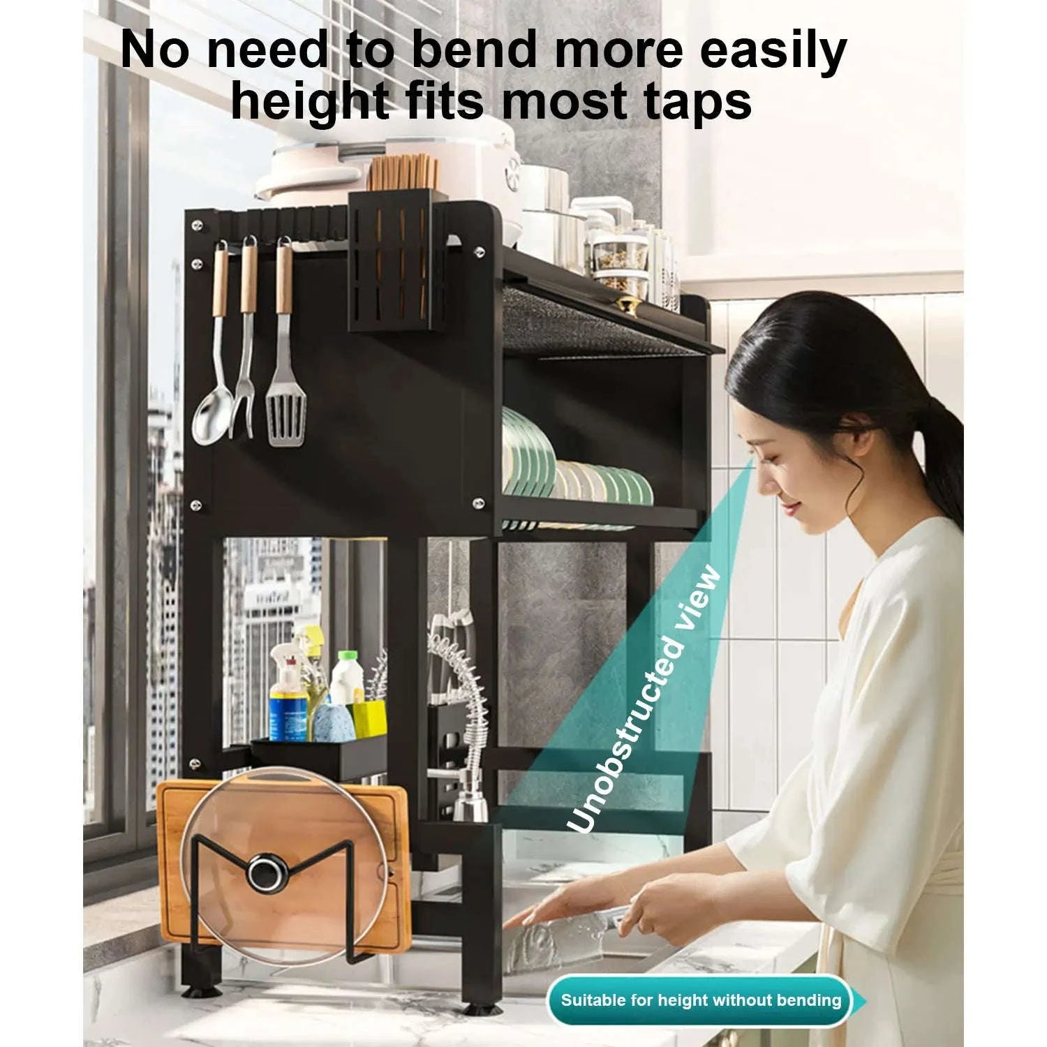 Over Sink Dish Drying Rack with Cover 2-Tier Large Capacity 85cm-black / france / 2-tier