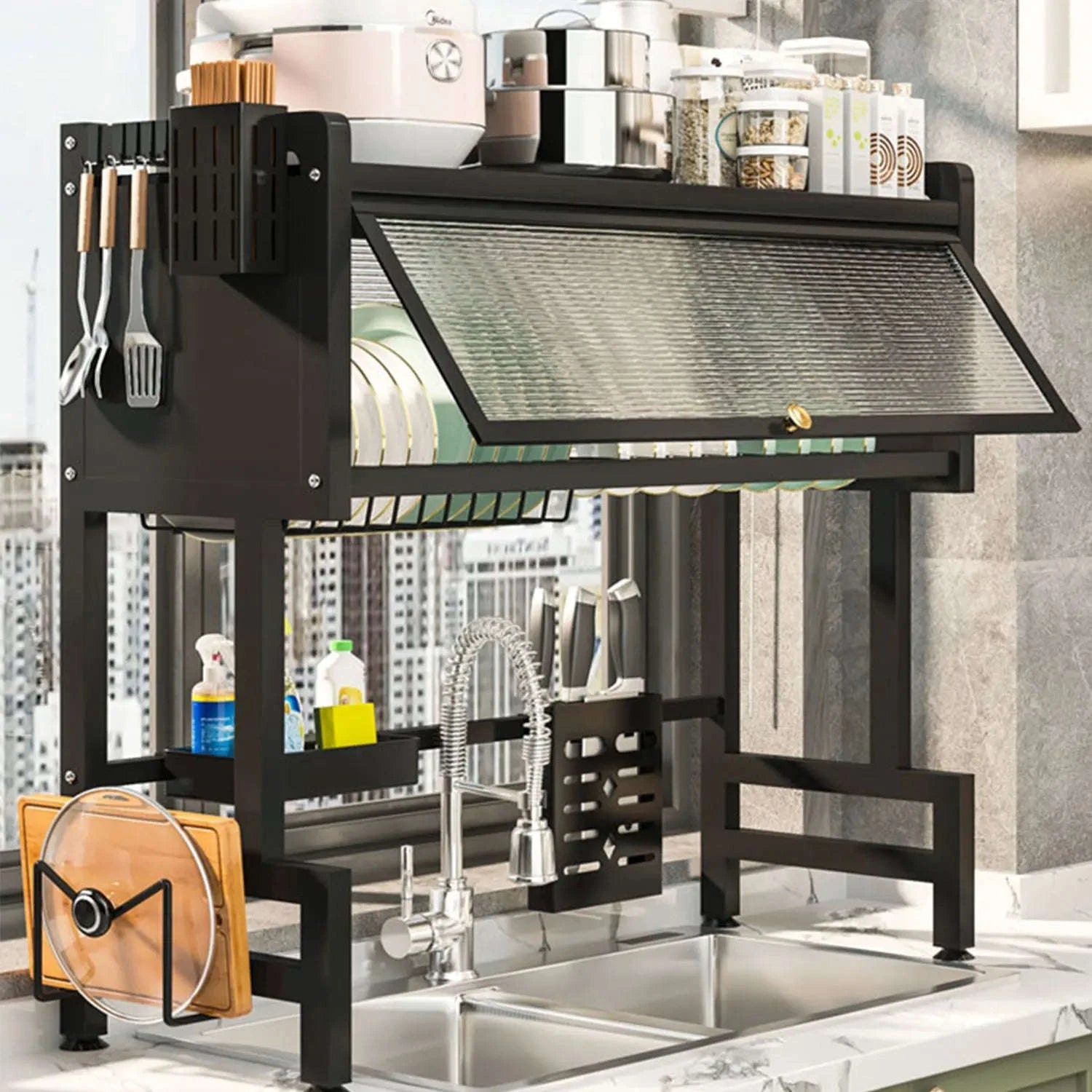 Over Sink Dish Drying Rack with Cover 2-Tier Large Capacity 85cm-black / france / 2-tier