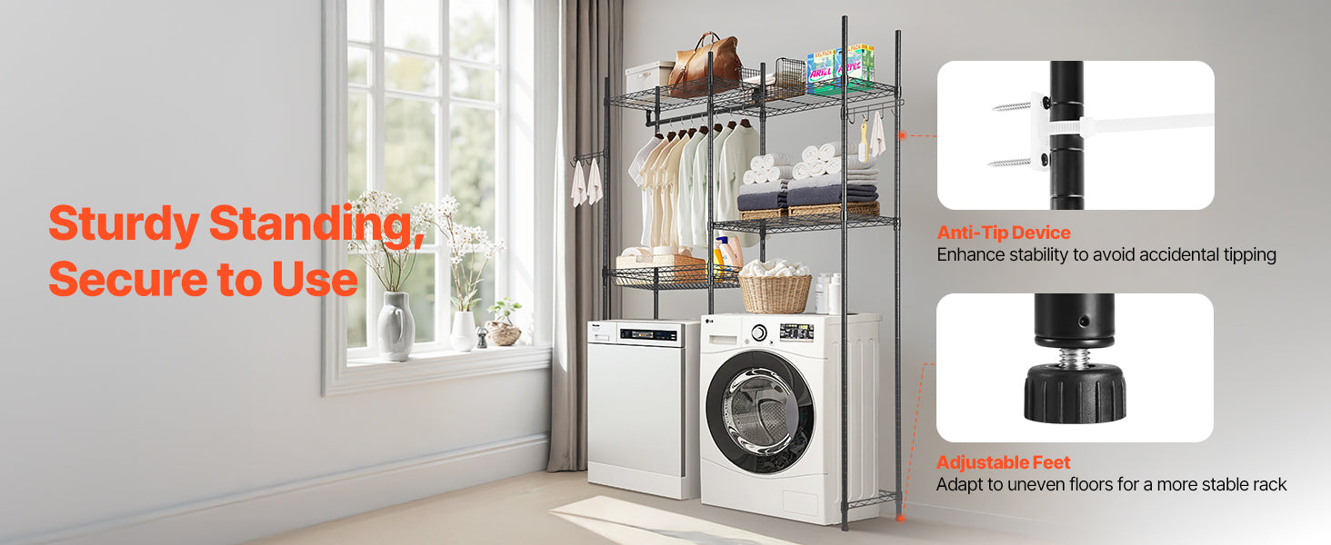 SucceBuy Over Washer and Dryer Storage Shelves Laundry Room Drying Rack with Hanger Rod and Hooks for Laundry Room Organization