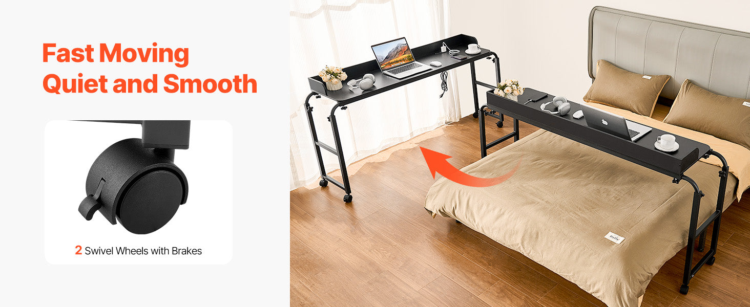 SucceBuy Overbed Table Mobile Bed Side Table w/ 4 Wheels&Power SocketHeight Adjustable Rolling Laptop Desk for Home Office Study