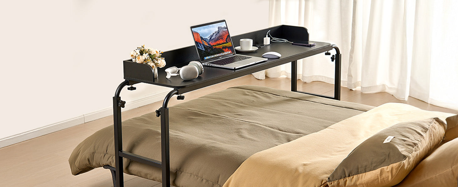 SucceBuy Overbed Table Mobile Bed Side Table w/ 4 Wheels&Power SocketHeight Adjustable Rolling Laptop Desk for Home Office Study