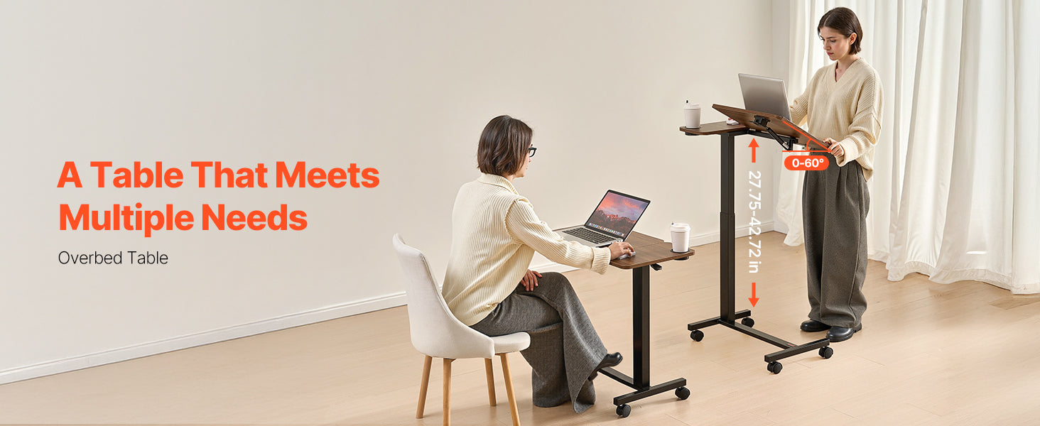Adjustable Overbed Table with Wheels & Tilt Top for Bedside Work