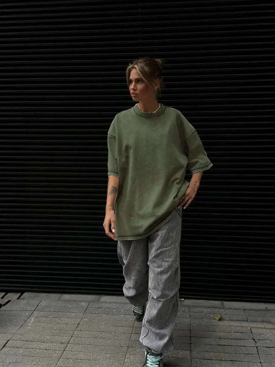 Oversized Cotton T-Shirt Loose Fit Solid Color Casual Tee-GRAY / XXXL