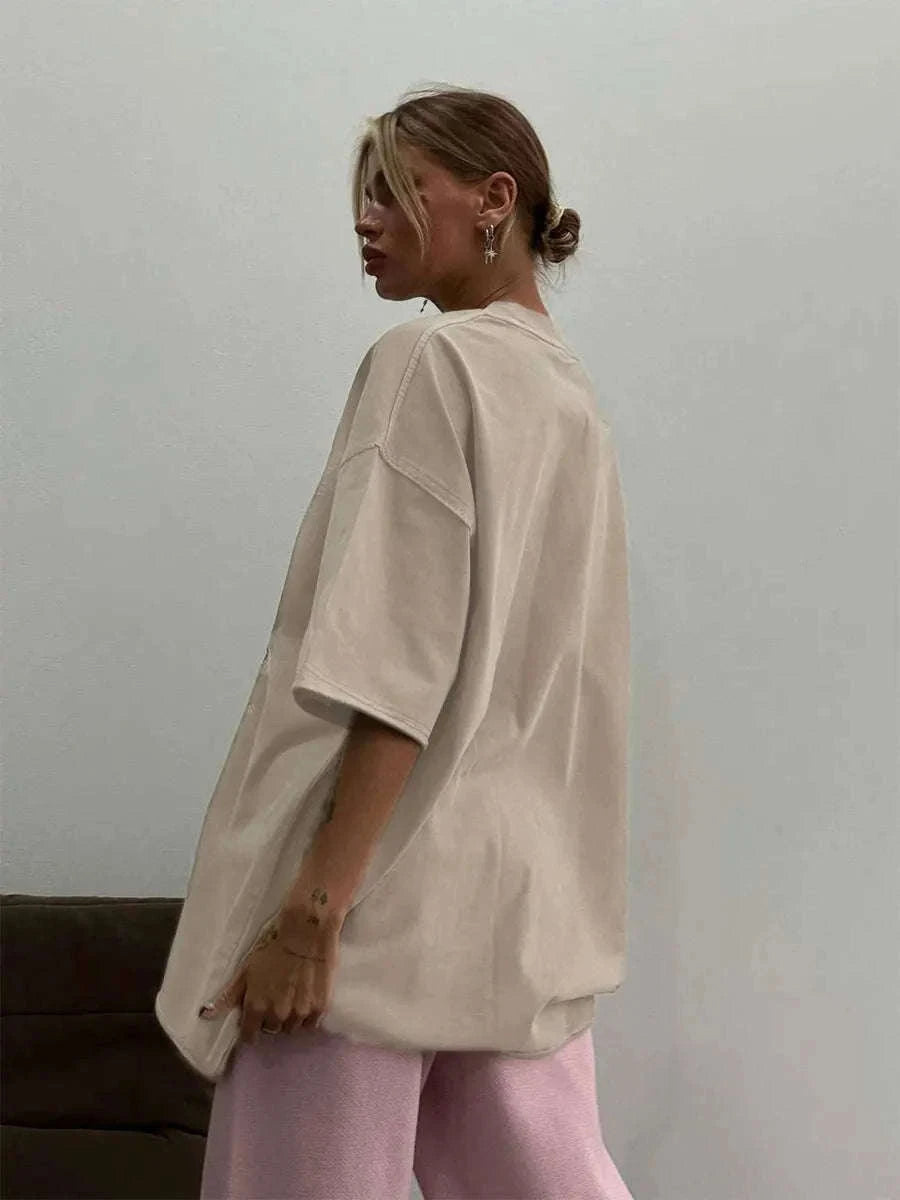 Oversized Cotton T-Shirt Loose Fit Solid Color Casual Tee-GRAY / XXXL