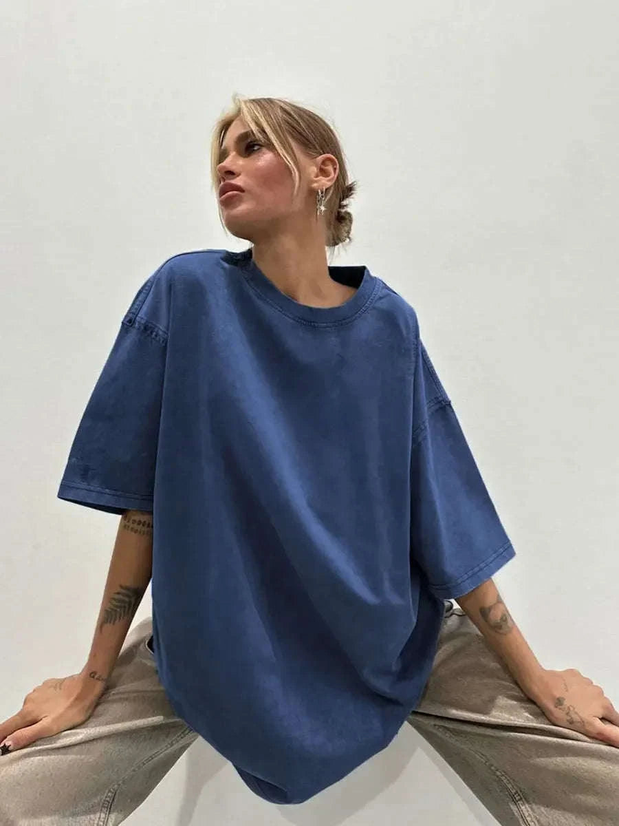 Oversized Cotton T-Shirt Loose Fit Solid Color Casual Tee-GRAY / XXXL
