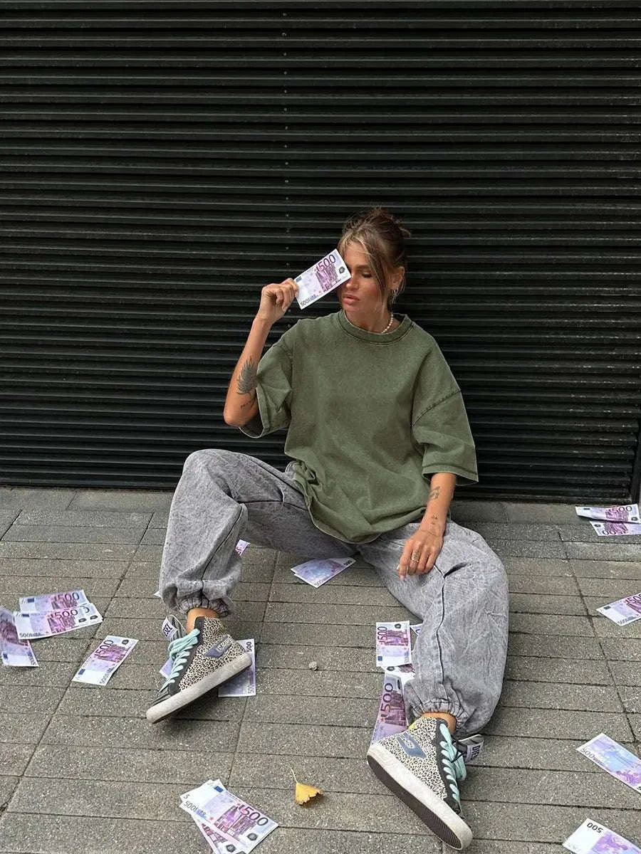 Oversized Cotton T-Shirt Loose Fit Solid Color Casual Tee-GRAY / XXXL
