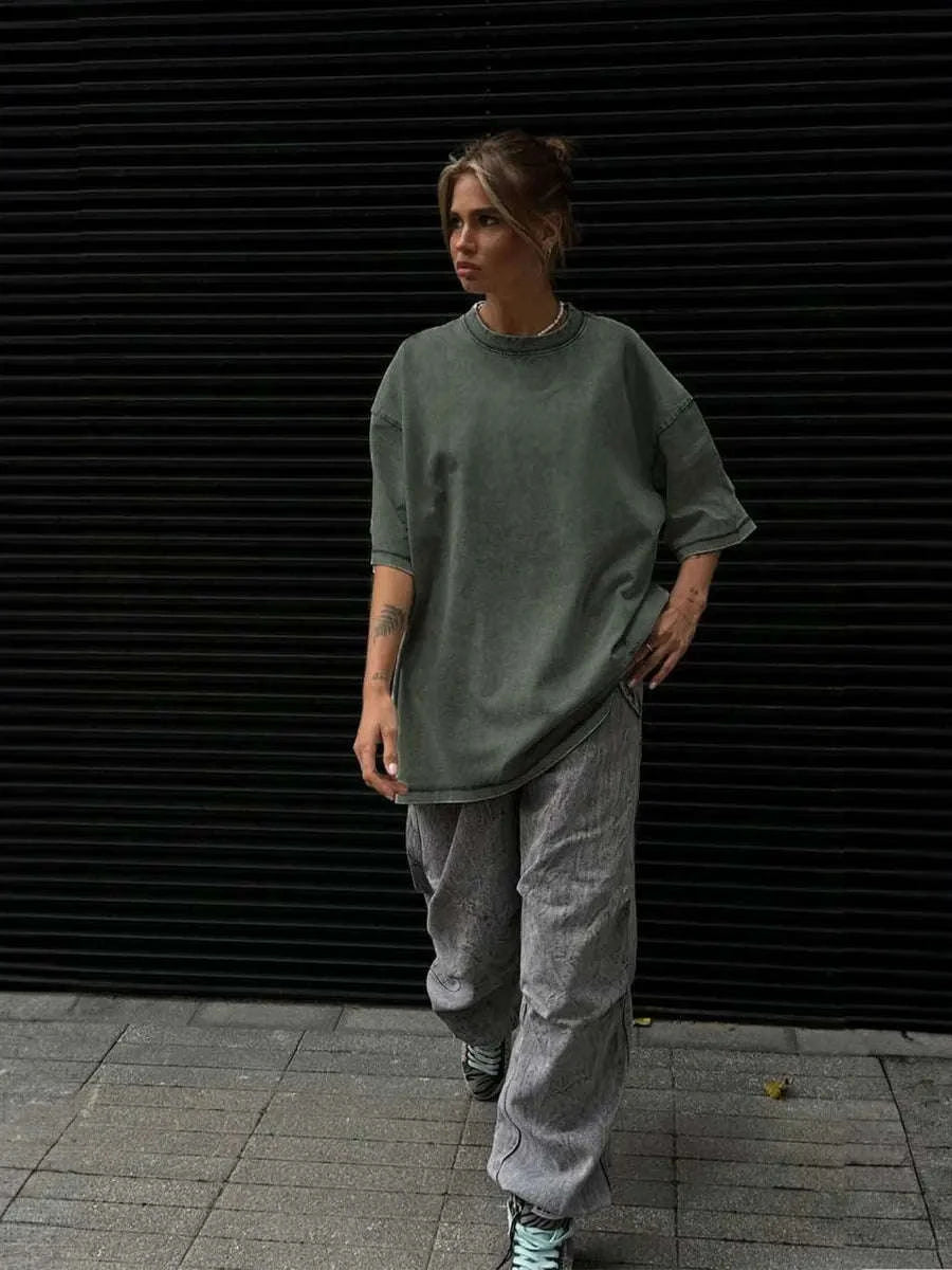Oversized Cotton T-Shirt Loose Fit Solid Color Casual Tee-GRAY / XXXL