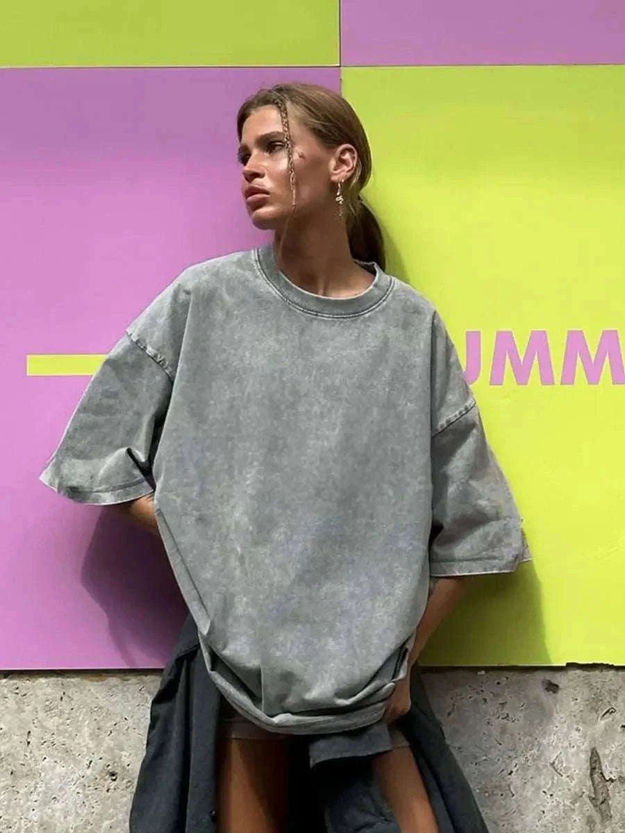Oversized Cotton T-Shirt Loose Fit Solid Color Casual Tee-GRAY / XXXL