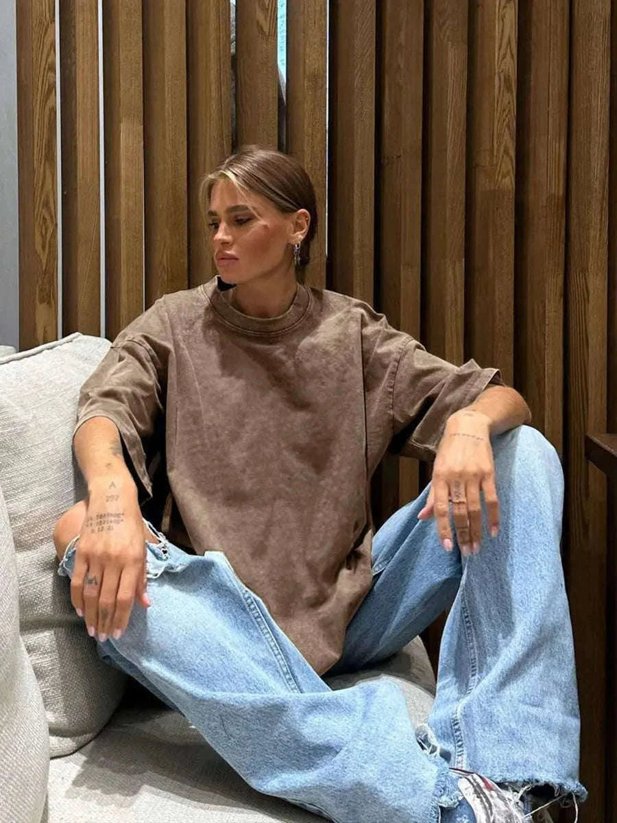 Oversized Cotton T-Shirt Loose Fit Solid Color Casual Tee-GRAY / XXXL