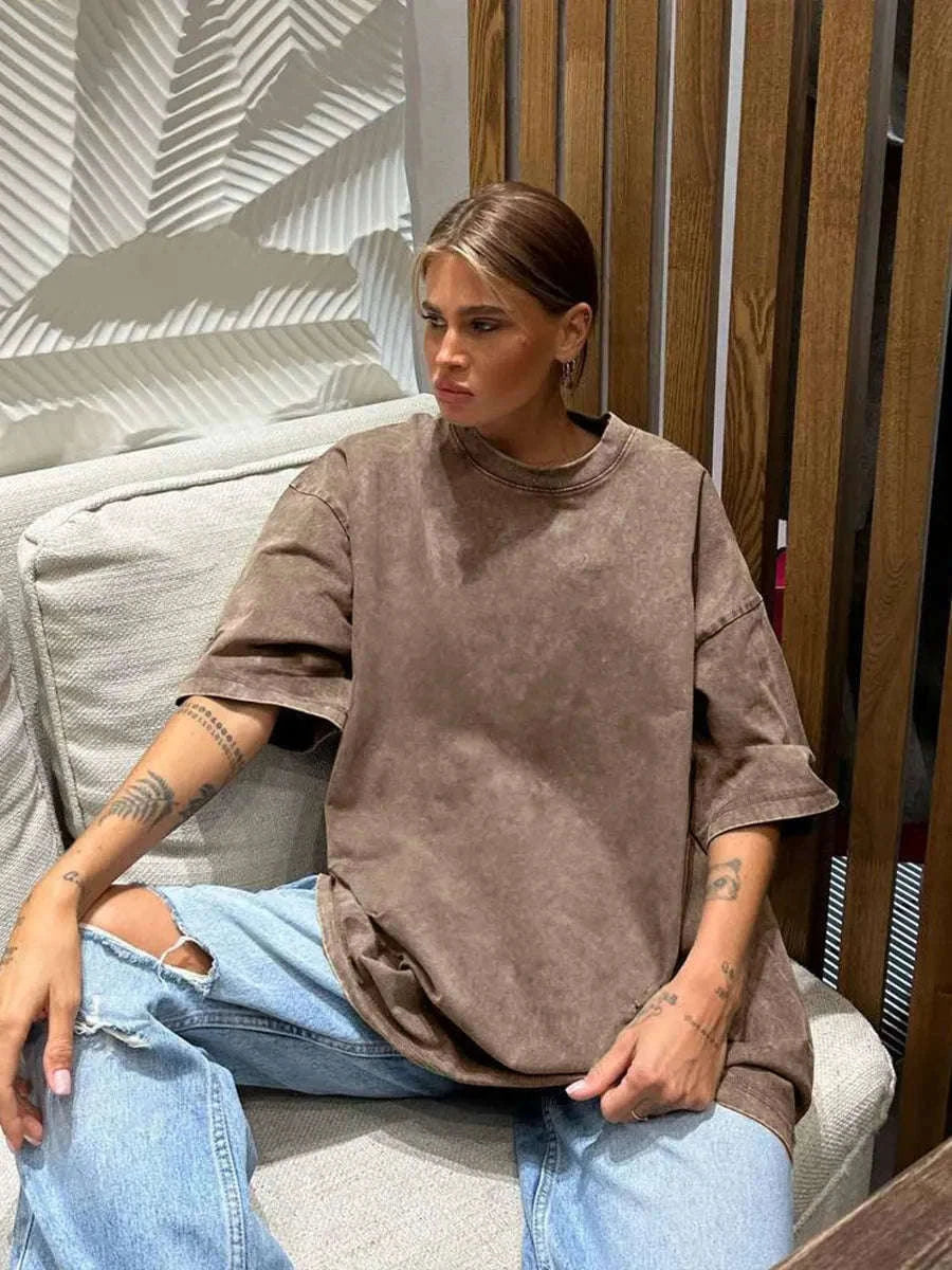 Oversized Cotton T-Shirt Loose Fit Solid Color Casual Tee-GRAY / XXXL