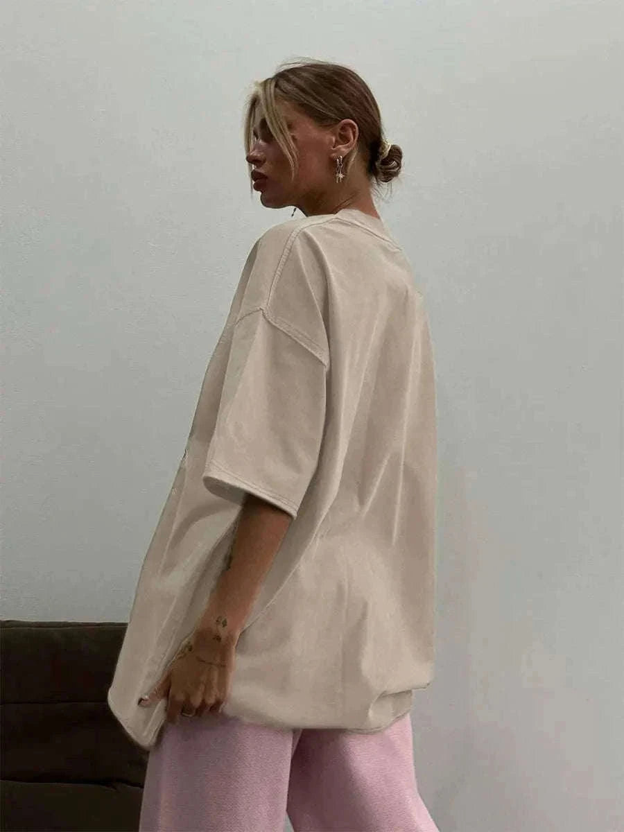Oversized Cotton T-Shirt Loose Fit Solid Color Casual Tee-GRAY / XXXL