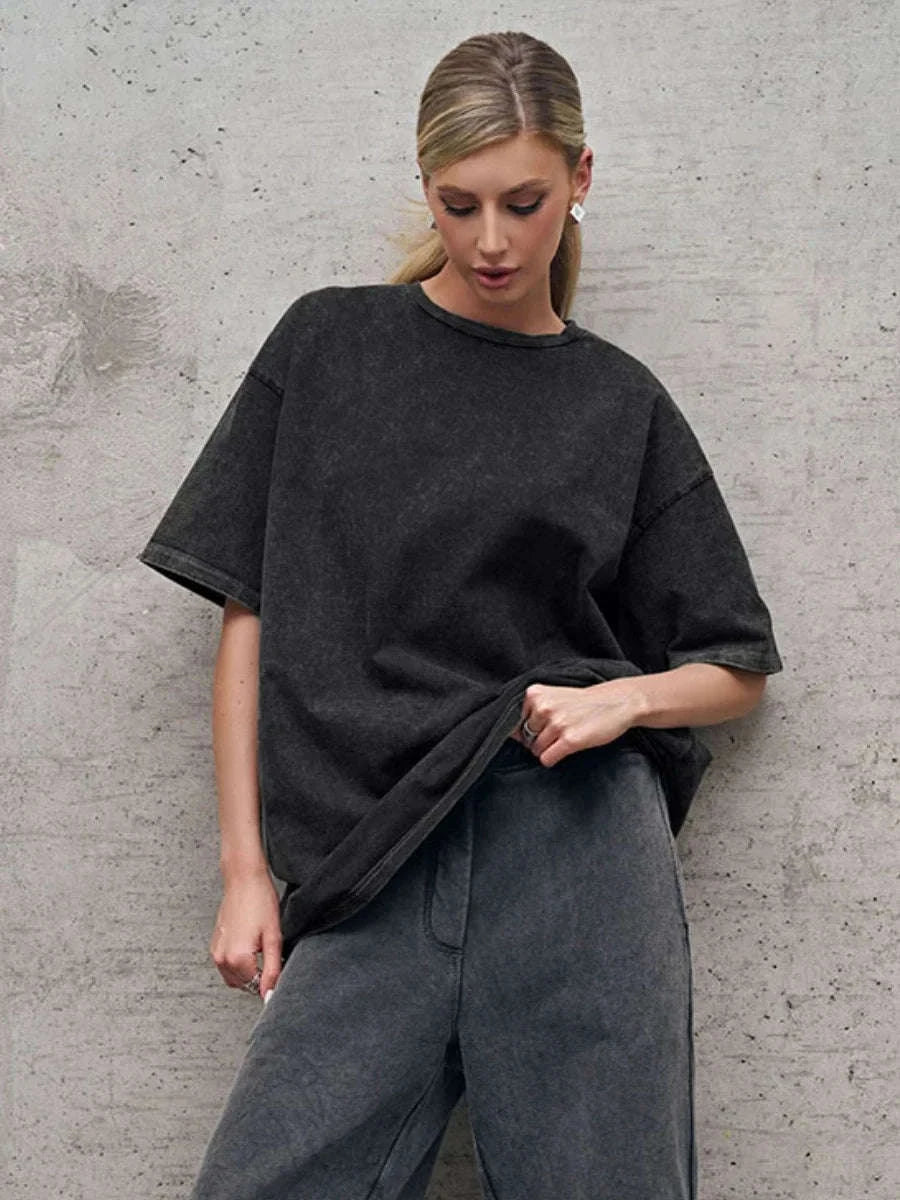 Oversized Cotton T-Shirt Loose Fit Solid Color Casual Tee-GRAY / XXXL