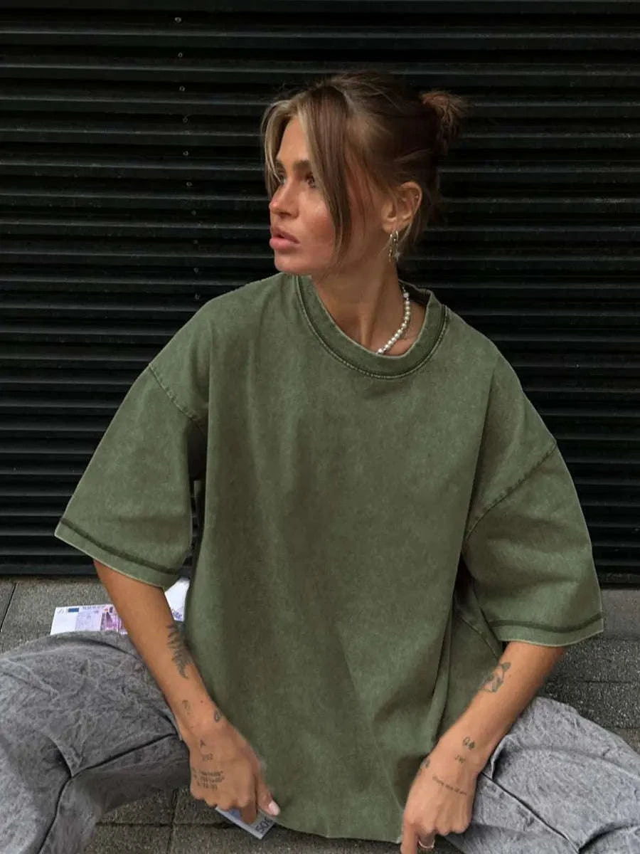 Oversized Cotton T-Shirt Loose Fit Solid Color Casual Tee-GRAY / XXXL