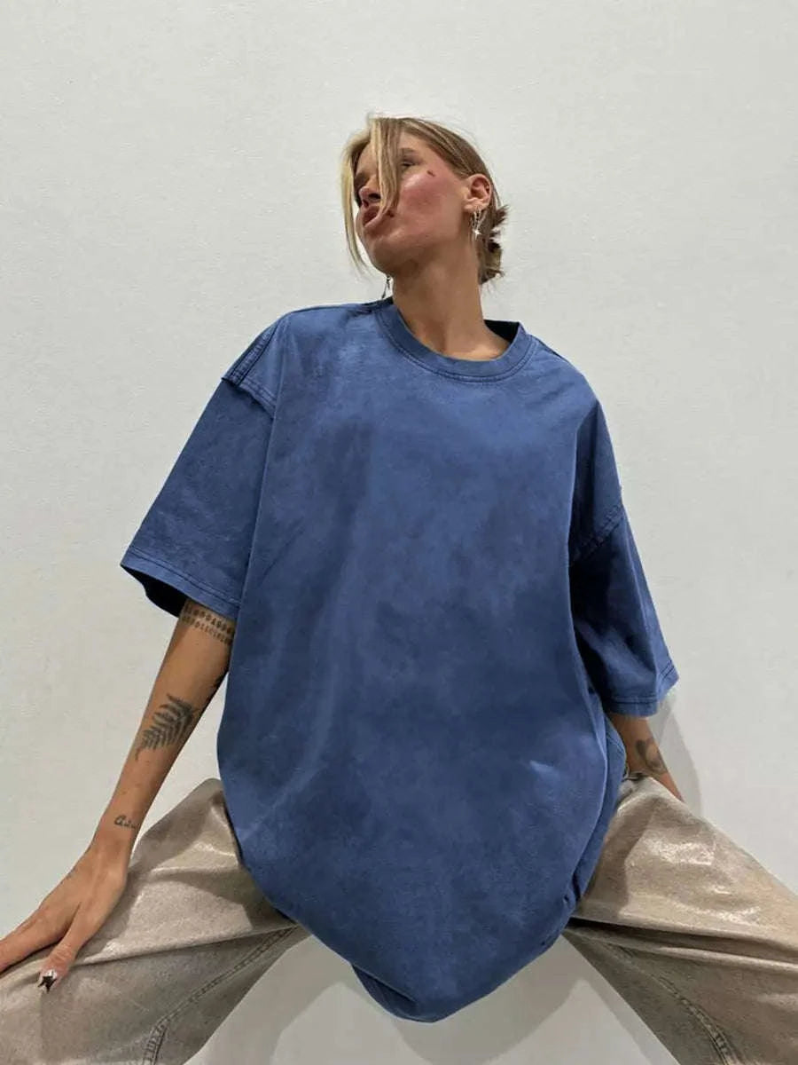 Oversized Cotton T-Shirt Loose Fit Solid Color Casual Tee-GRAY / XXXL