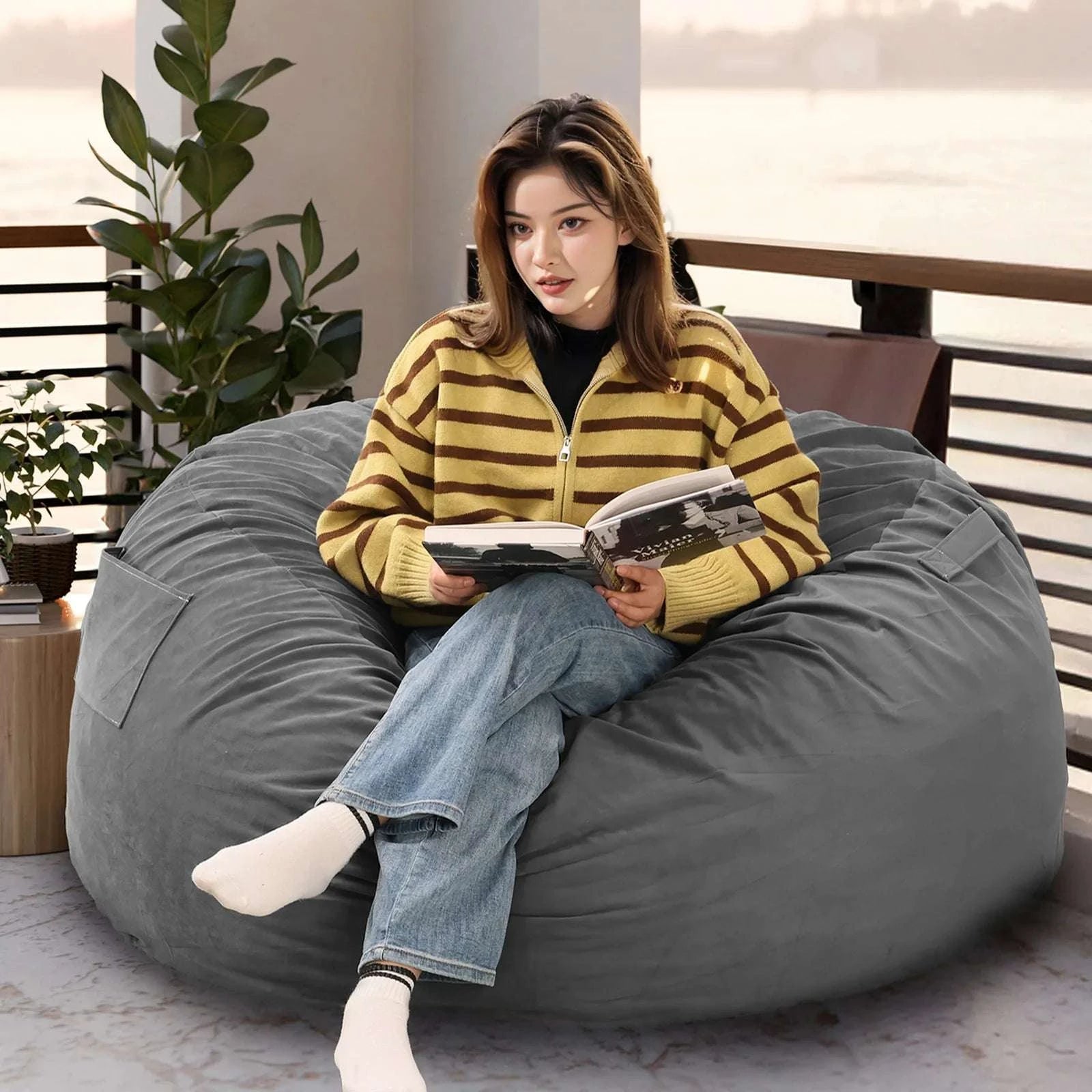 Oversized Foam Bean Bag Chair with Washable Cover & Pocket-3 feet Dark Gray / United States