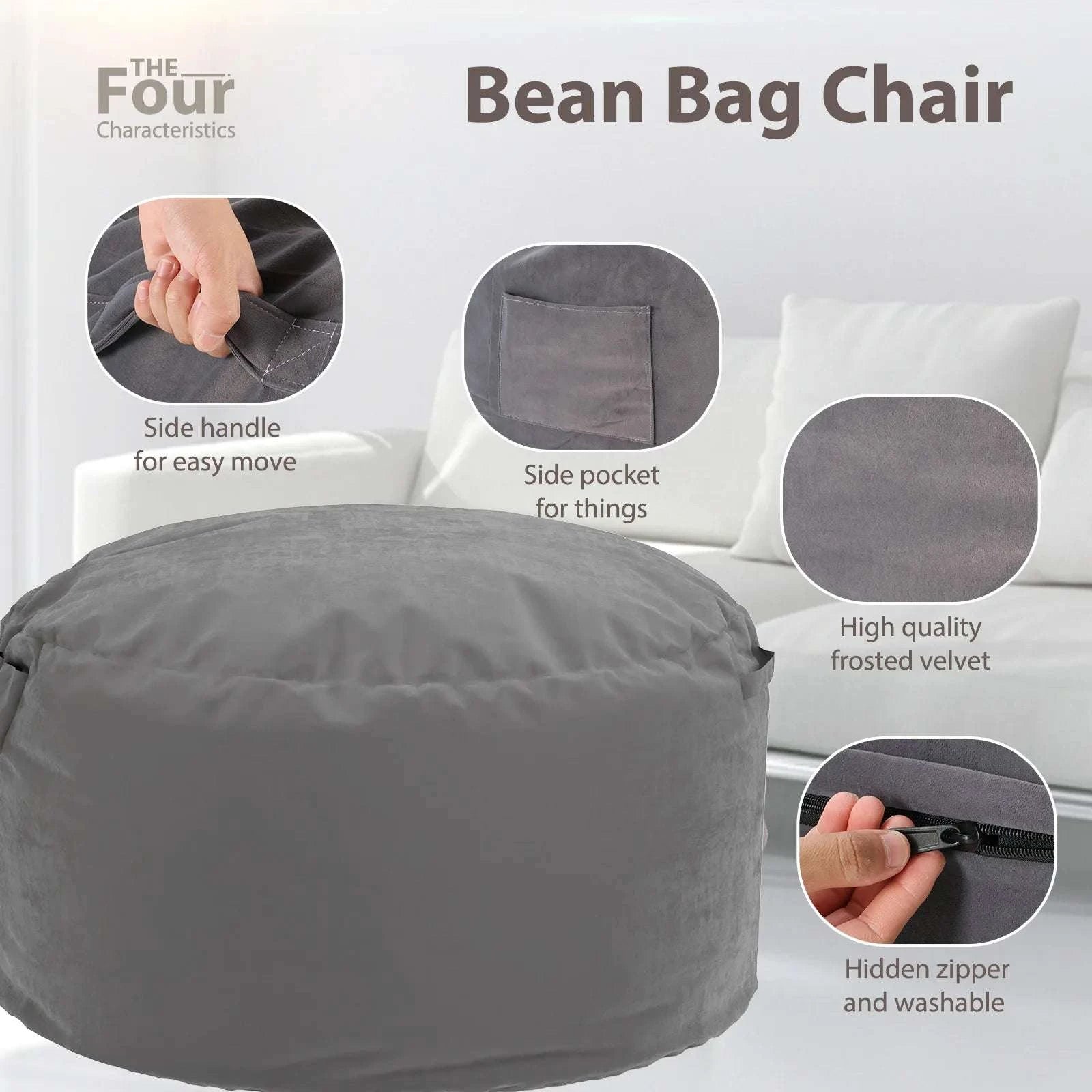 Oversized Foam Bean Bag Chair with Washable Cover & Pocket-3 feet Dark Gray / United States