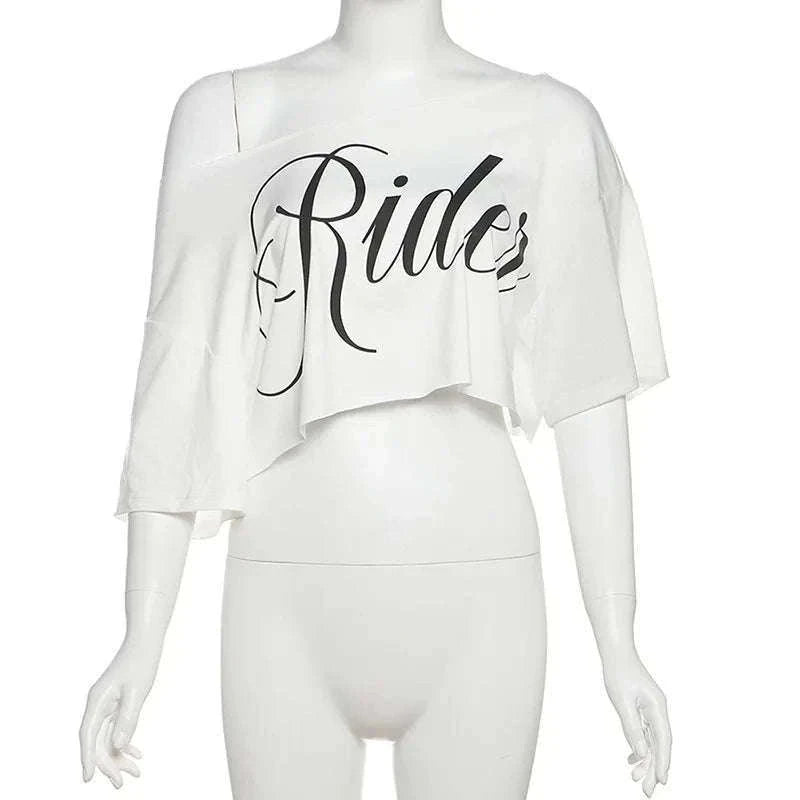 Oversized Off-Shoulder Graphic T-Shirt with Asymmetric Hem-Beige / S