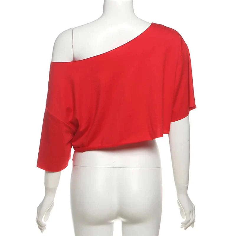 Oversized Off-Shoulder Graphic T-Shirt with Asymmetric Hem-Beige / S