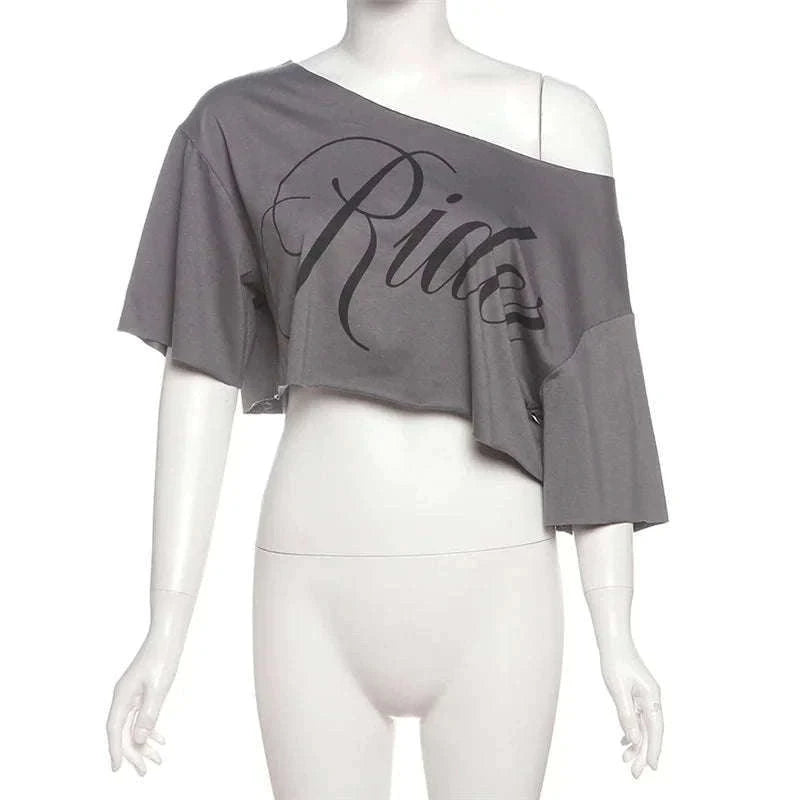 Oversized Off-Shoulder Graphic T-Shirt with Asymmetric Hem-Beige / S