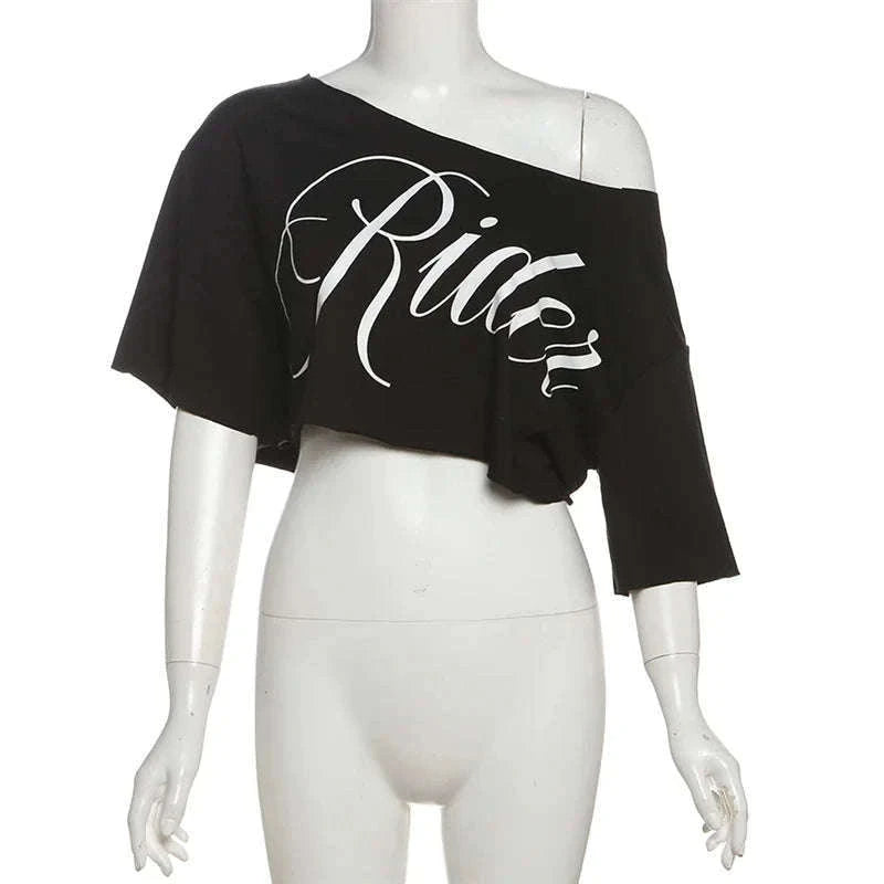 Oversized Off-Shoulder Graphic T-Shirt with Asymmetric Hem-Beige / S