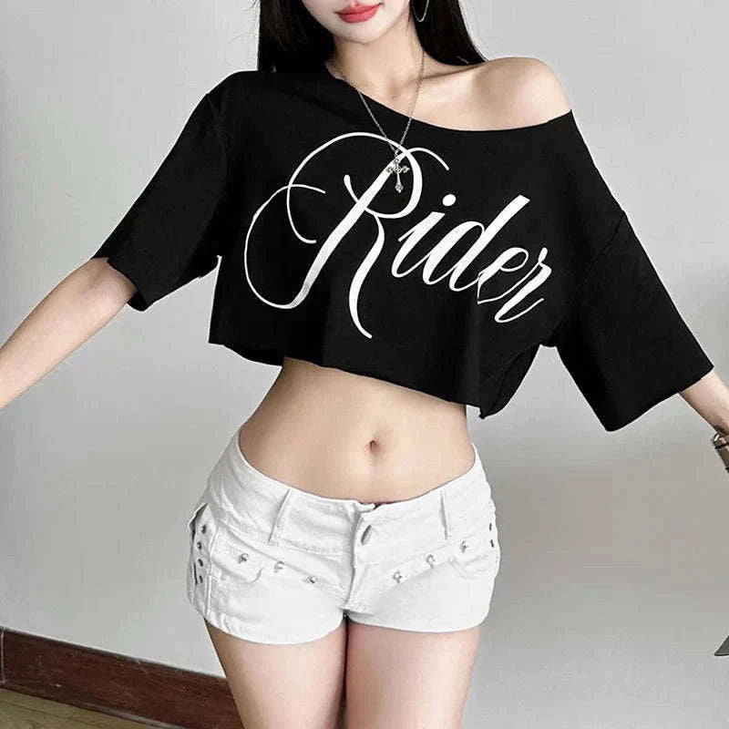 Oversized Off-Shoulder Graphic T-Shirt with Asymmetric Hem-Beige / S