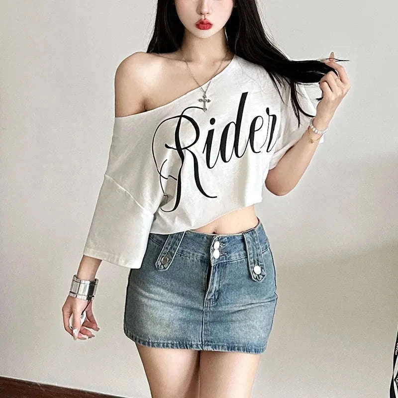 Oversized Off-Shoulder Graphic T-Shirt with Asymmetric Hem-Beige / S