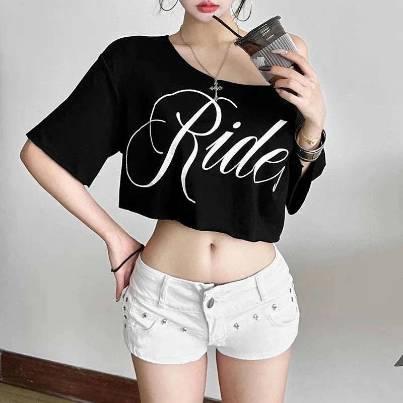 Oversized Off-Shoulder Graphic T-Shirt with Asymmetric Hem-Beige / S
