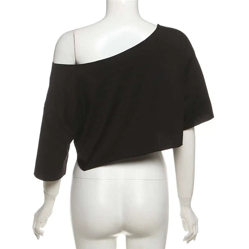 Oversized Off-Shoulder Graphic T-Shirt with Asymmetric Hem-Beige / S