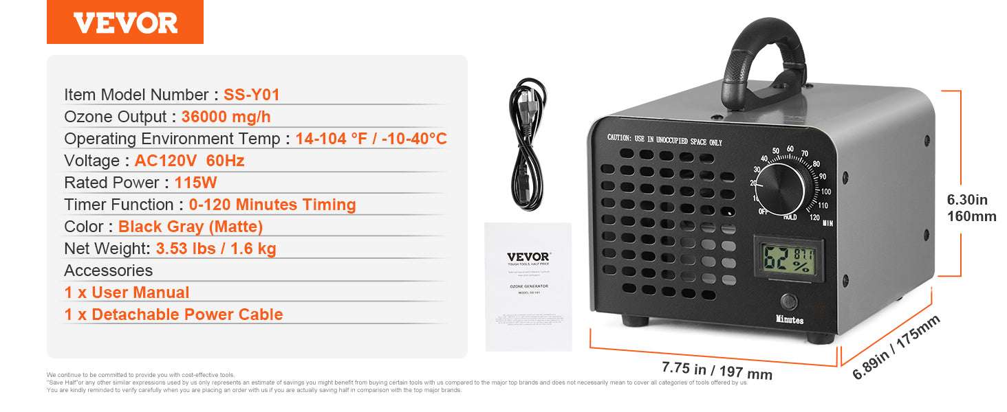 Ozone Generator 24000 mg/h High Capacity Odor Remover with Timer-24000mg / United States