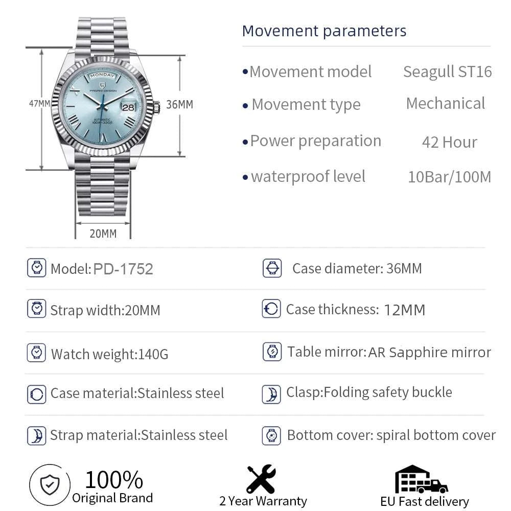 Pagani Design 36mm Automatic Watch Sapphire Steel 10Bar-Rose Gold Black / United States